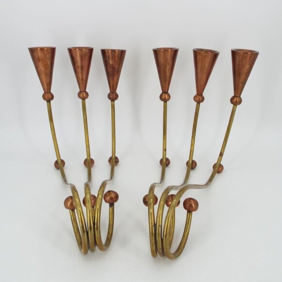 Pair of Vintage MCM 3-Arm Brass and Copper Modernist Candelabras - Picture 16 of 16